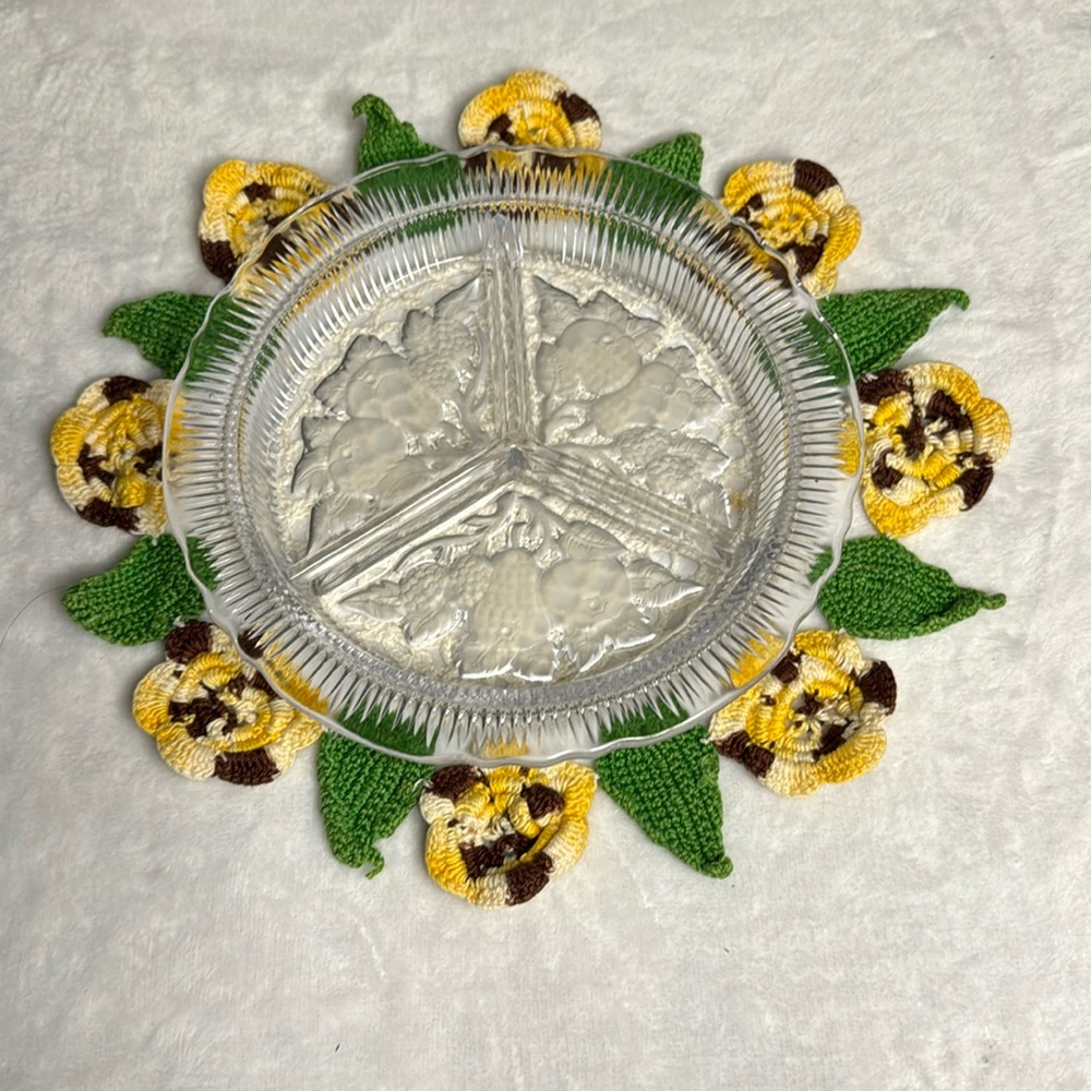 Vintage Imperial Glass Intaglio Fruit, Three Part Tray Banded and Scalloped Rim